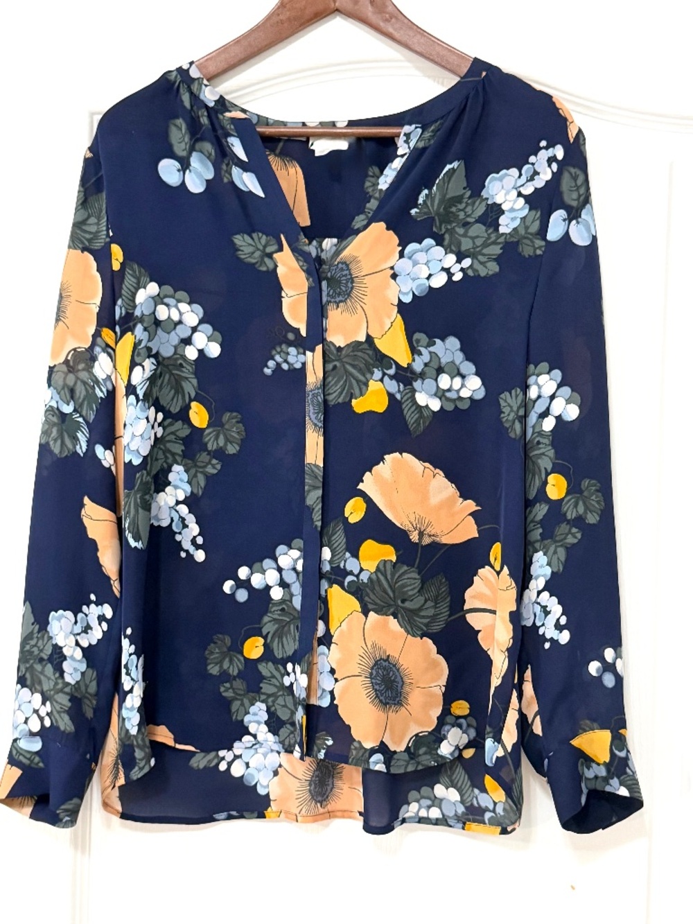 Joie Amarant Navy Floral Silk Blouse Size Large